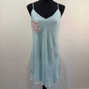 VTG California Dynasty Chemise Slip Dress Size Large Blue Floral Embroidery